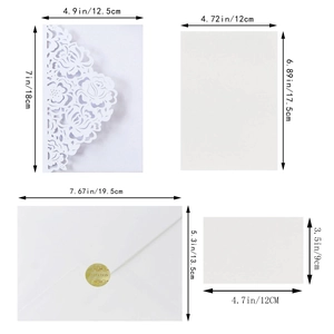 Detailed dimensions of laser-cut floral wedding invitation set with envelope and seal