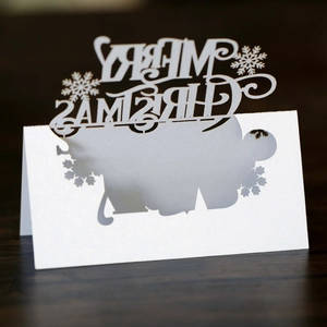 Macro view of laser-cut Merry Christmas place card with snowflake details and textures