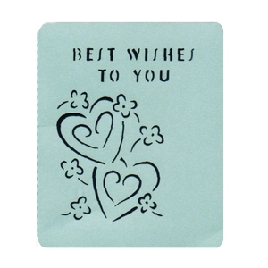 Détail de la carte bleu clair avec texte Best Wishes To You et motifs cœurs et fleurs