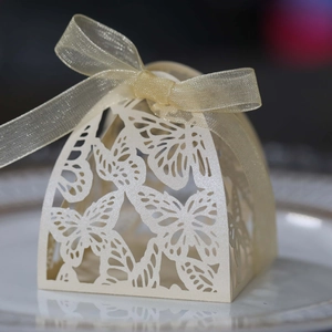 Macro shot of laser-cut butterfly candy box made of pearlescent paper with gold ribbon bow