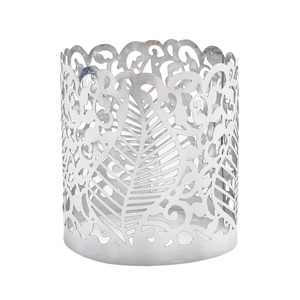 Close-up of a silver hollow leaf patterned metal napkin ring with intricate vine cutouts