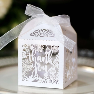 Macro shot of laser-cut flower patterns and Thank You text on white pearl paper box