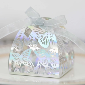 Detailed view of holographic butterfly gift box with laser-cut design and satin ribbon bow