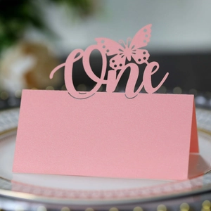 Macro view of pink laser-cut butterfly seat card with 'One' text for party tables