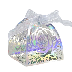 Laser cut pyramid gift box with rose patterns and iridescent holographic finish