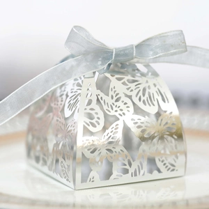 Close-up of laser-cut butterfly gift box with silver metallic finish and blue ribbon