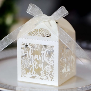 Macro shot of white laser-cut house-shaped gift box with thank you hollow design