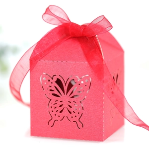 Detailed laser-cut butterfly pattern on red pearlescent cardstock gift box with ribbon