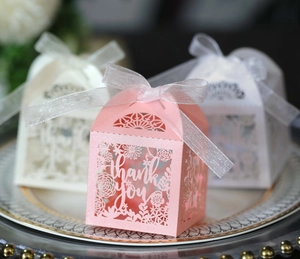 Detailed laser-cut gift box with thank you text and sheer ribbon bow decoration