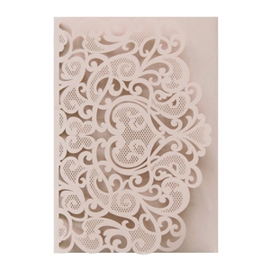 Detailed laser cut floral invitation cover in elegant light pink with pearlescent finish