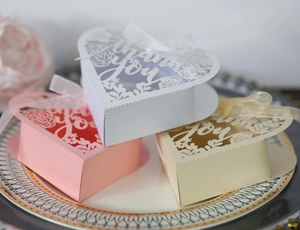 Detailed laser-cut heart favor box with thank you text and sheer organza bow