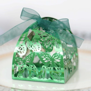 Detailed laser-cut butterfly gift box in metallic green with elegant chiffon ribbon