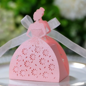 Macro detail of laser-cut floral pattern on pink princess dress candy gift box