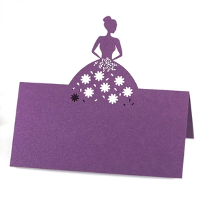Purple laser cut wedding place card with hollow flower dress and elegant lady silhouette