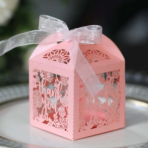 Detail of pink laser-cut gift box with floral patterns and Thank You cutouts