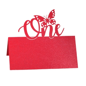 Red glitter butterfly seat card with laser-cut One lettering for 1st birthday party