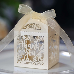 Macro detail of laser-cut hollow floral pattern and Thank You text on pearl paper box