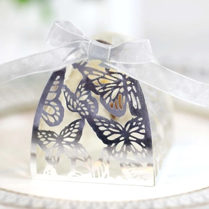 Macro detail of laser-cut butterfly hollow pattern on mirror silver wedding gift box