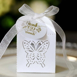 Macro shot of white hollow butterfly gift box with organza ribbon and Thank You tag