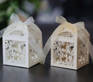 Detailed laser-cut paper gift box with delicate floral textures and a thank you cutout