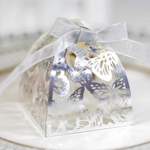 Macro view of laser-cut silver butterfly gift box with elegant satin ribbon bow detail