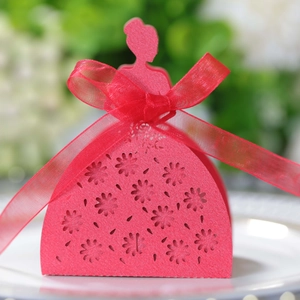 Detailed laser-cut floral pattern on rose red dress-shaped wedding favor candy box