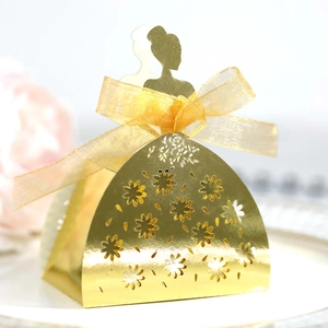 Detailed laser-cut flower pattern on gold princess silhouette gift box with silk ribbon