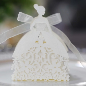 Laser-cut wedding gift box in bridal dress shape with floral lace detail and ribbon