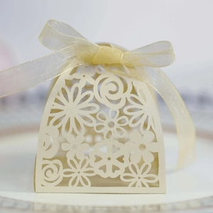 Close-up of laser-cut floral patterns and organza ribbon on champagne wedding favor box