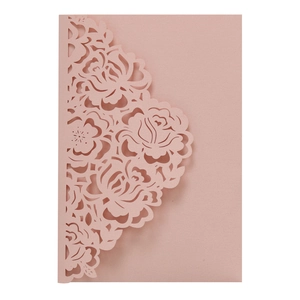 Laser cut rose flower wedding invitation card in elegant pink textured paper