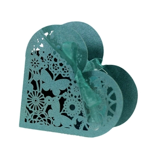Teal laser cut heart gift box with butterfly floral patterns and silk ribbon bow