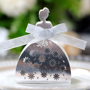 Detailed laser-cut silver wedding candy box in elegant bride silhouette with white bow