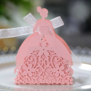Pink laser-cut candy box in princess dress shape with floral patterns and silk ribbon