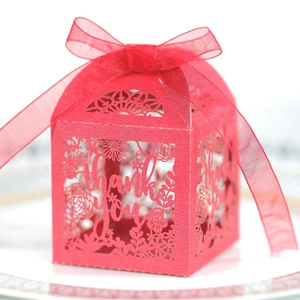 Detailed laser-cut floral pattern and Thank You text on red ribbon gift box