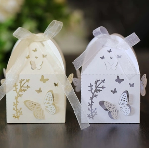Detail of laser-cut butterfly gift box with elegant organza ribbon for weddings