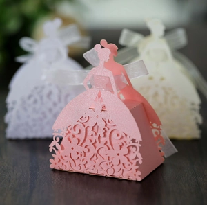 Detail of laser-cut flower patterns on pink and white princess dress favor boxes