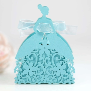 Detail of laser-cut floral pattern on light blue princess-style wedding favor box