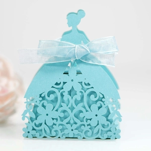 Laser cut light blue gift box with elegant girl silhouette and ribbon for wedding favors