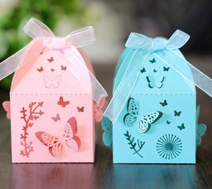 Hollow butterfly gift boxes in pink and light blue with translucent white ribbons