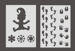 Two-piece PET stencil set featuring snowflakes, elves and footprints for Christmas painting