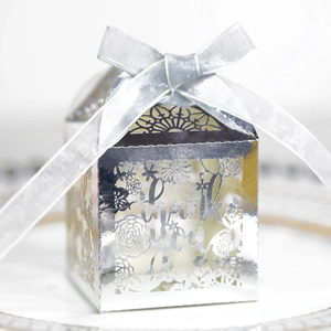 Detail of silver laser-cut gift box with floral patterns and Thank You lettering