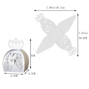 Wedding candy box detail showing laser-cut bride groom design and assembly size