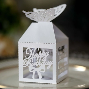 Detailed laser-cut white favor box with Happy Birthday design and 3D butterfly lid topper