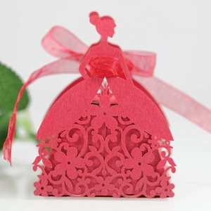 Pink laser cut girl shape wedding favor box with floral patterns and silk ribbon bow