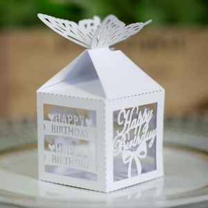 Detailed laser-cut Happy Birthday white paper favor box with 3D butterfly lid