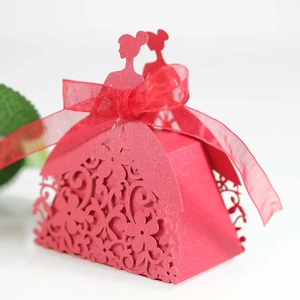 Macro shot of laser-cut flower patterns and girl silhouette on red paper favor box