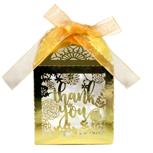 Golden laser-cut hollow thank you favor box with floral patterns and organza ribbon
