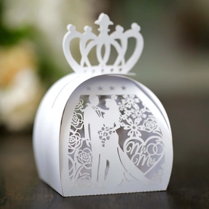 Elegant laser cut white wedding candy box featuring Mr & Mrs silhouette and crown top