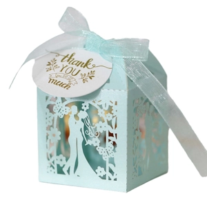 Laser-cut light blue wedding favor box with ribbon and Thank You tag for sweets