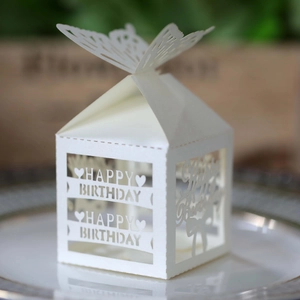 Detail view of laser-cut Happy Birthday paper gift box with elegant butterfly top